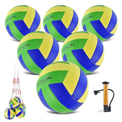 ELKCIP 6 Pack Volleyballs Official Size 5, Soft Bulk Recreational Volley Balls with Pump and Net Bag for Indoor Outdoor Beach Pool Water Sand Game Training Match for Beginner Women, Green