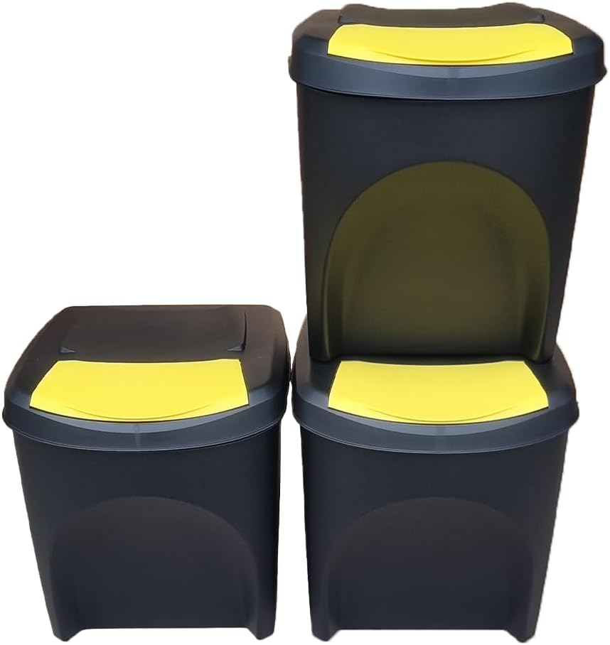 Large Stackable Recycling Bins Set of 3x25L (Brand KrysGo) - Customizable Lids with Recycling Stickers - Waste Sorting for Home, Kitchen, Office (Black + Yellow)