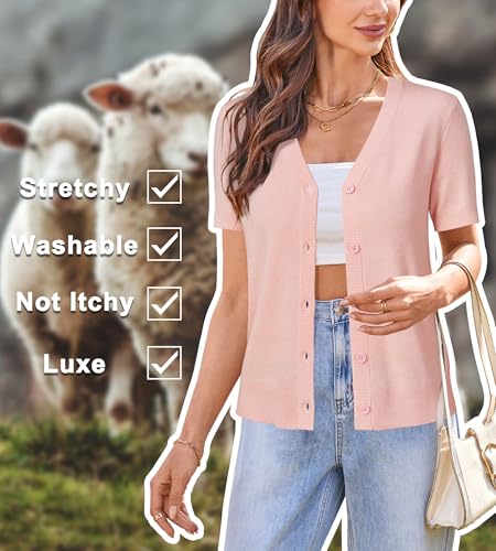 Image of Arach&Cloz Women's Wool Blend Short Sleeve Lightweight Cardigan Business Casual Summer Sweaters Tops