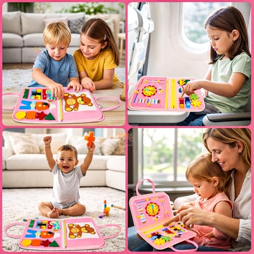 Image of Wishkey Busy Board Activity Binder for Toddlers 1-4 Years Montessori Sensory Busy Book with 19 Motor Skill Activities Soft Felt Educational Learning Toy Travel Toy & Birthday Gift for Kids Pink