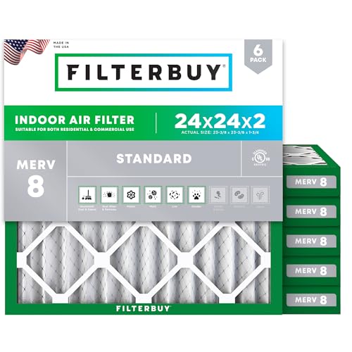 Filterbuy 24x24x2 Air Filter MERV 8 Essential Dust & Allergy Defense (6-Pack) Electrostatic Pleated HVAC AC Furnace Filters Replacement Made in USA (Actual Size: 23.38 x 23.38 x 1.75)