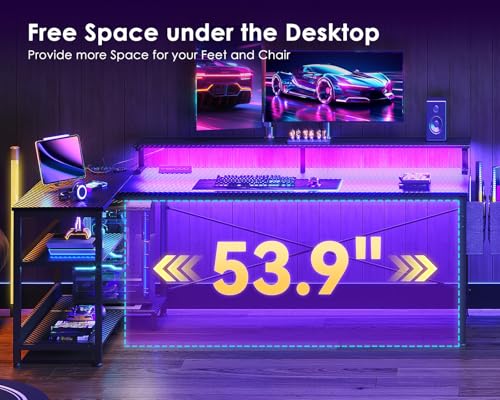 Image of ODK 66 Inch Gaming Desk with USB Charging Ports and LED Lights, Reversible L Shaped Computer Desk with Storage Shelves & Monitor Stand, Corner Gamer Desk Table with Power Outlets, Carbon Fiber Black
