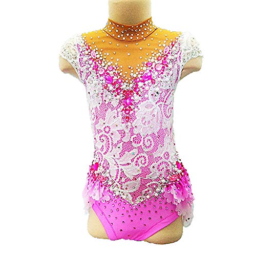 Kmgjc Gimnasia rítmica Leotardo para Las Mujeres Muchachas Rosa Patinaje artístico Vestidos de Encaje Que Absorbe el Sudor de Hielo de Baile Vestido Competencia sin Mangas Maillots