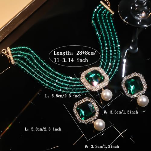 Octwine Boho 1920s Layered Pearls Rhinestones Choker Necklace Earrings Set Trendy Retro Black Red Necklace Dainty Bride Wedding Crystal Necklace Earrings Set for Women (Green) by Octwine - Used condition - Image 5