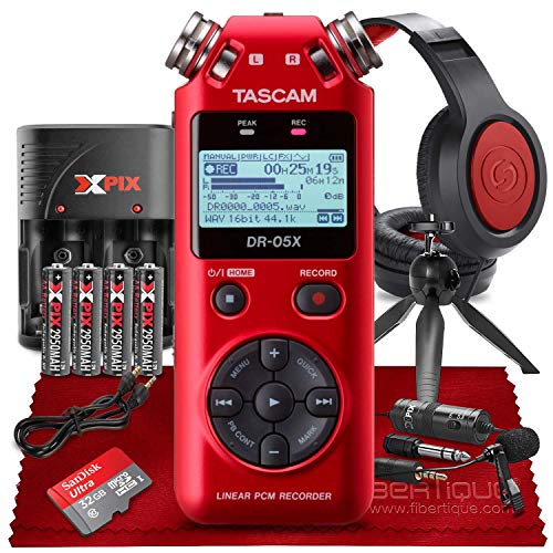 Tascam DR-05X 2-Input / 2-Track Portable Stereo Handheld Digital Audio Recorder w/ USB Audio Interface (Red) + Premium Kit - Headphones, Lavalier Mic, 32GB SD, Tripod, Cables & Batteries & Charger