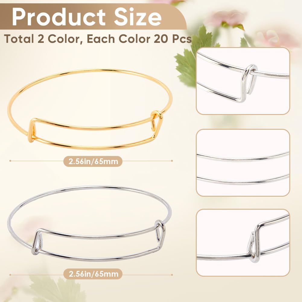 SOFPLATE 40Pcs Gold Expandable Bangle Bracelets Adjustable Wire Bangles Set Iron Hypoallergenic Thin Round Silver Blank Wristband for Jewelry Making Supplies Bracelets Accessories DIY Crafts Beginner - Image 2