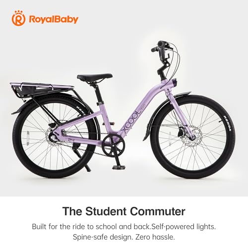 Image of RoyalBaby 24 Inch Kids School Bike for Boys Girls Ages 10-15, Lightweight Aluminum Frame, Shimano 7-Speed, Growing Handlebar, 25kg Rear Rack, Self-Powered Lights, Fenders