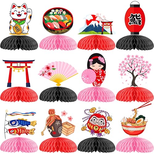 Japanese Themed Honeycomb Centerpieces LUCKYQUBE 12Pcs 3D Asian Table Decorations with Maneki Neko Fuji Mountain Asian Party Supplies for Japanese Party