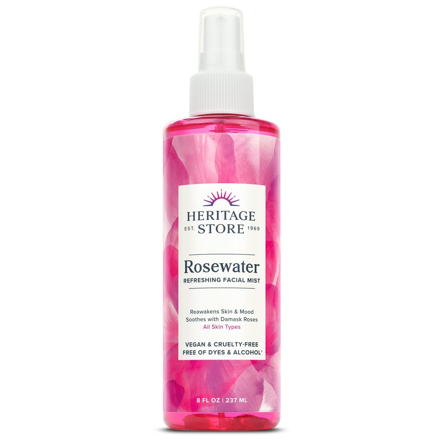 Heritage Store Rosewater, Refreshing Facial Mist for Glowing Skin, With Damask Rose Oil, All Skin Types, Rose Water Spray for Face Made Without Dyes or Alcohol, Vegan & Cruelty Free, 8 oz