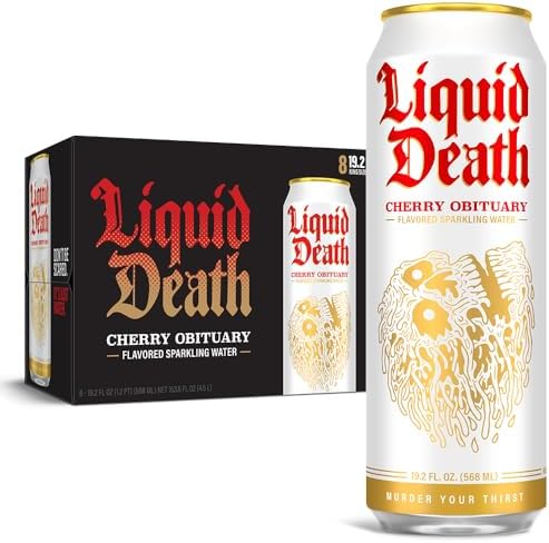 Liquid Death, Cherry Obituary, Cherry-Flavored Sparkling Water, 8-Pack (19.2oz Cans), Low Calorie & No Artificial Sweeteners