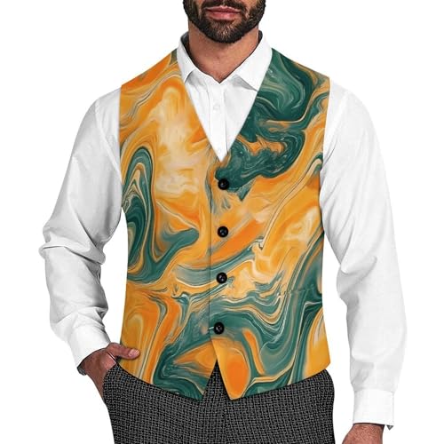 Tie-Dye Orange Green Marbled Casual Suit Vest for Men Formal Business Dress Regular Fit Waistcoat Tuxedo
