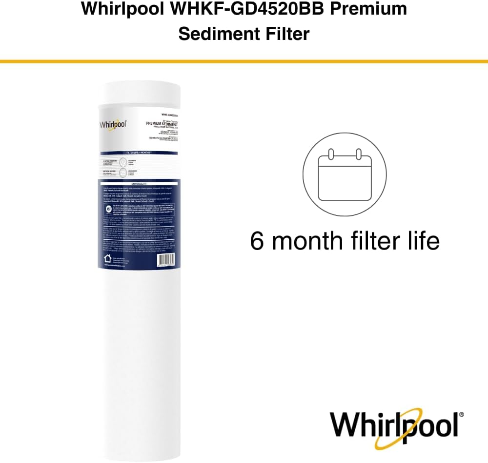 Whirlpool 20" x 4.5" Large Whole House Sediment Filter WHKF-GD4520BB, NSF Certified 25 Micron Filtration, 6-Month Life, Replacement Cartridge Fits Most 20-Inch Home Water Filter Housings