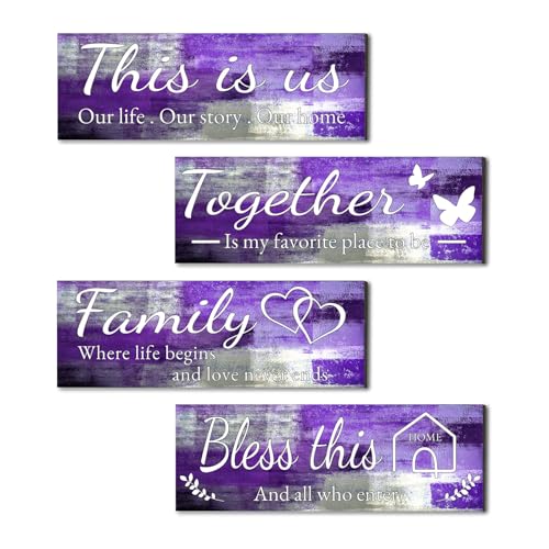 Rurpali 4 Pcs Purple Abstract Living Room Wall Decor, Motivational Family Wall Art for Living Room Bedroom, Rustic Wooden Farmhouse for Home Decor, 12 x 4 Inch