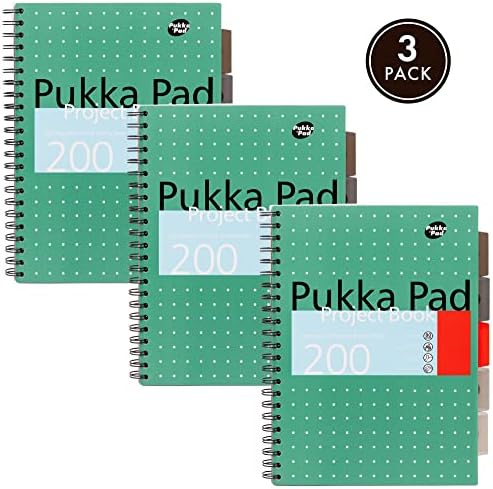 Pukka Pad, 5-Subject A4+ Project Book 3-Pack with Repositionable Dividers - 200 Pages of 80GSM Paper with 8mm Lines and Perforated Edges - Metallic Green  29.7 x 23cm