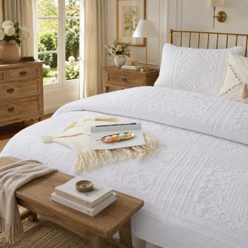 Brandream White Quilt King Size Cotton Matelasse Coverlet Set Cottage Premium Stitching Quilts 3-Piece
