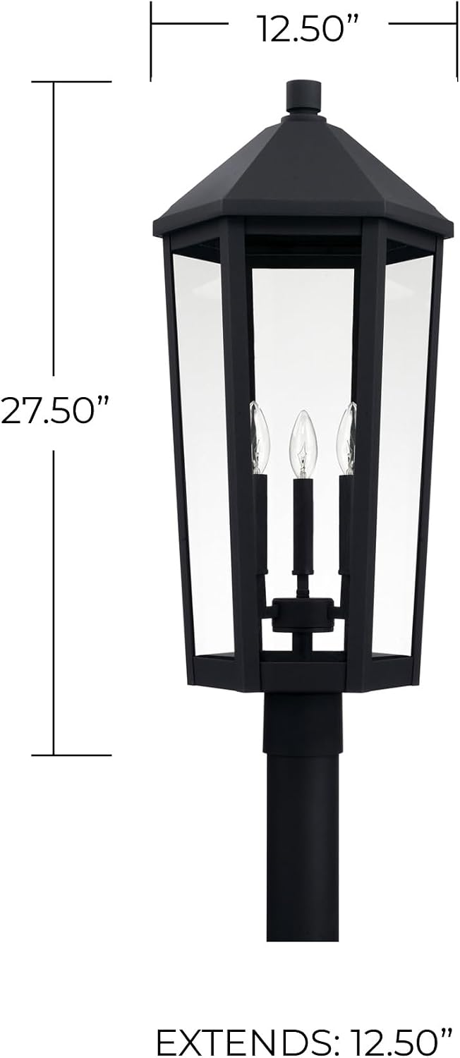 Capital Lighting 926934BK Ellsworth Clear Glass Outdoor Post Lantern, 3-Light 180 Total Watts, 28" H x 13" W, Black