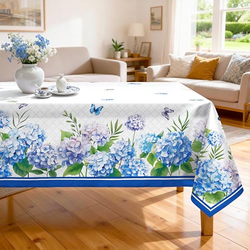 Arquiel Blue Hydrangea Tablecloth 60 x 84 Inch Rectangular, Floral Print