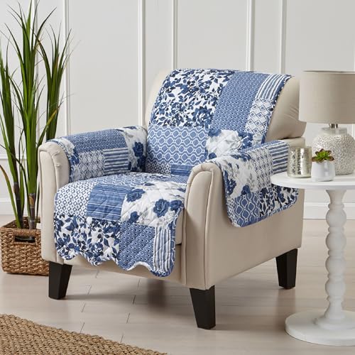 Image of Great Bay Home Reversible Patchwork Chair Cover - Washable Slipcover Furniture Protector with Elastic Straps - Perfect for Kids & Pets - Box-Stitched Detail (Navy)
