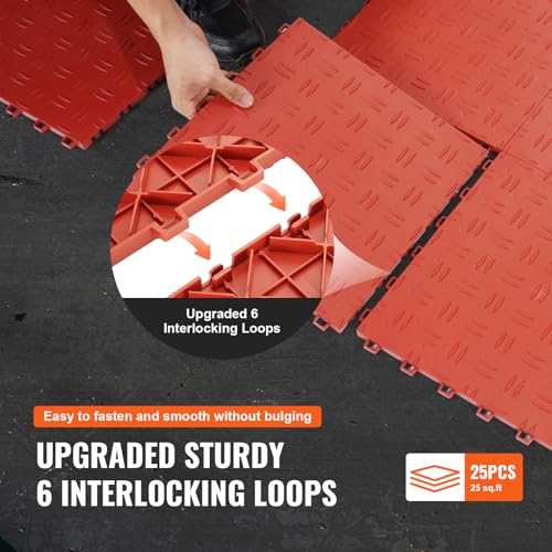 Image of VEVOR Garage Floor Tiles 12 x 12 x 0.53 inch, Interlocking Design Ease of Installation Double-Sided Texture Non-Slip Sturdiness, for Garages, Basements, Repair Shops, Red, 25 Pack