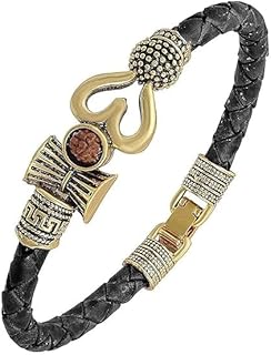 JEWZA Unisex Rudraksha Beads Shiva Om Mahakal Mahadev Trishul Damru Design Bahubali Cuff Leather Rope Bracelet Kada Wrist ...