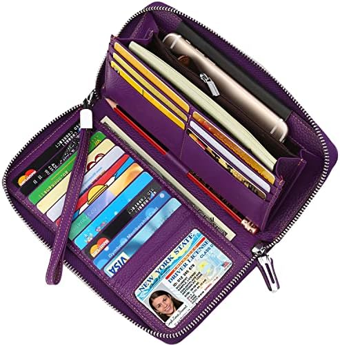 Lavemi Women's RFID Blocking 100% Leather Large Capacity Zip Around Wallet Phone Holder Clutch Travel Purse Wristlet(Large Size Purple)