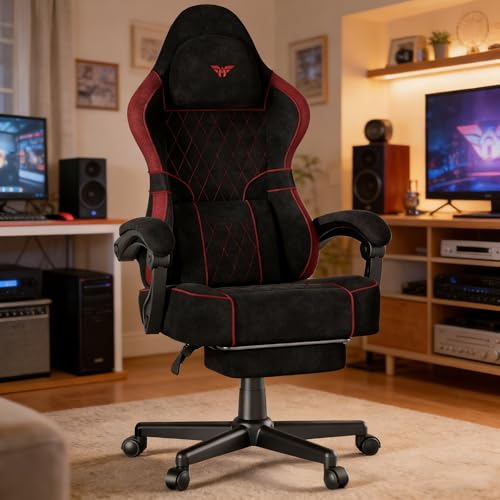 Soontrans Sedia da Gaming con Poggiapiedi, Sedia Gaming Ergonomica con Poggiatesta & Cuscino Lombare Massaggio, Pelle Scamosciata, Sedie Gaming per Livestreaming Playstation (Nero&Rosso)