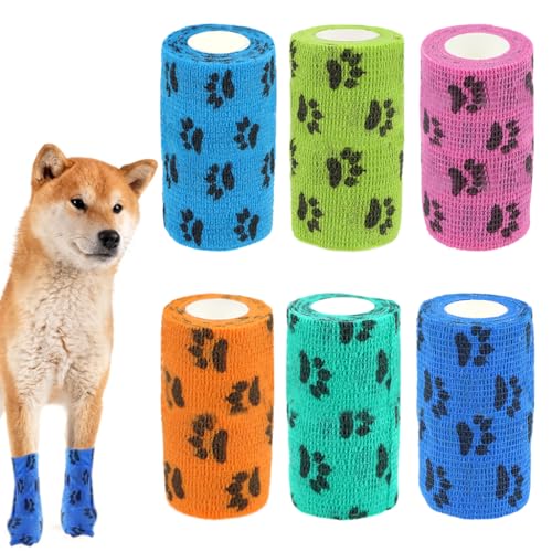 Image of Qpets 6Pcs Dog Bandages for Walk, Self-Adhesive Pet Bandage with Paw Print | For Paw Protection, Waterproof Non-Woven Cat Dog Injury Recovery Wrap Lick-Proof & Breathable