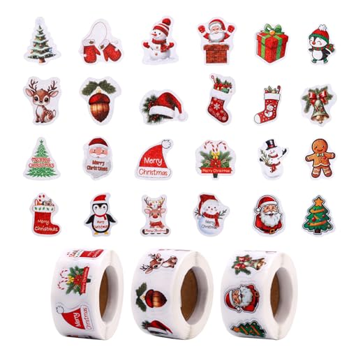 Penitue 1500pcs Christmas Stickers Roll, Self-Adhesive Seal Stickers Xmas Decals with Snowman Christmas Tree Santa Hat & Reindeer Motifs for Envelopes Journals Gifts & Holiday Party Crafts Decorations