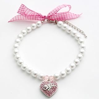 XKSRWE Dog Pearls Necklace Collar with Rhinestones Heart&Angel Charm Pendant Pet Puppy Jewelry Accessory (M, Pink)