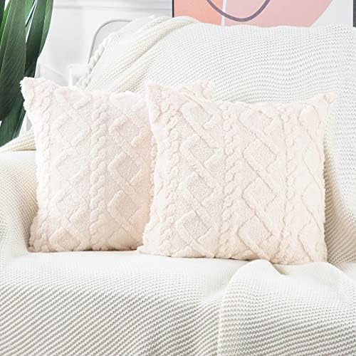 Madizz Set of 2 Soft Plush Fuzzy Short Wool Fleece Cushion Covers Patterned Throw Pillow Cases Decorative Pillow Shell for Sofa Bedroom Square Beige 18x18 inch
