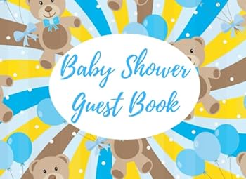 Paperback Baby Shower Guest Book: Blue Teddy Bear Sunburst pattern Book