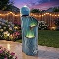 Ultym 32" H Ceramic Outdoor Water Fountain with Lights, Art Sphere Fountains for Outside, Soothing Cascading Waterfalls for Relaxing Garden Patio Yard or Porch Decor, Turquoise, Dynamic Wave-Texture