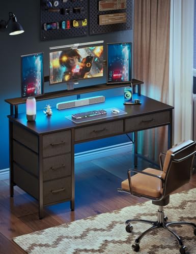 Seventable Computer Desk with Power Outlets & LED Light, 39 inch Home Office Desk with 5 Drawers, Writing Desk with Monitor Stand,Work Desk for Home Office, Black - Thumbnail 2