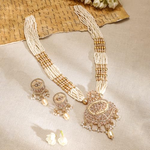 Image of Rubans Pearl Long Necklace Set Gold Plated Traditional Stylish Jewellery Gift for Women & Girls