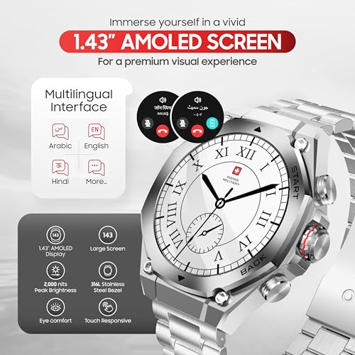 Image of Swiss Military DOM6 Smartwatch 1.43 inch AMOLED, Bluetooth Calling, Multi Language, Health & Sports Tracking, Wireless Charging, 7 Days Battery, IP67, iOS /Android Compatible,Silver Frame with Steel Strap