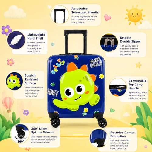 Image of Storite 18In Kids Luggage Trolley Hard Shell Cabin Suitcase | Cartoon Dinosaur Design Suitcase Ideal For School Trips Vacations Holidays And Weekend Travel (Navy Blue - 35 x 23 x 38 Cm)