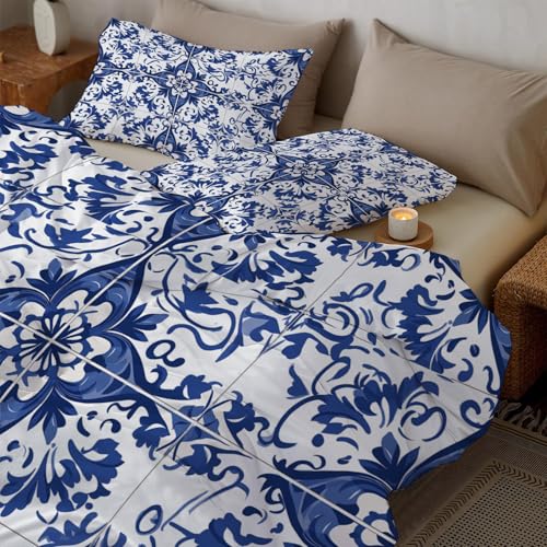 Housse de couette loup 3D 220x240 cm parure lit bleu fleurs