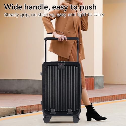 SOKOK Front Pocket Luggage Carry On with Spinner Wheels, Wide Handle Travel Suitcase PC Hardshell Durable Rolling Luggage for Business Trip with Charging Port and Cup Holder, Black2
