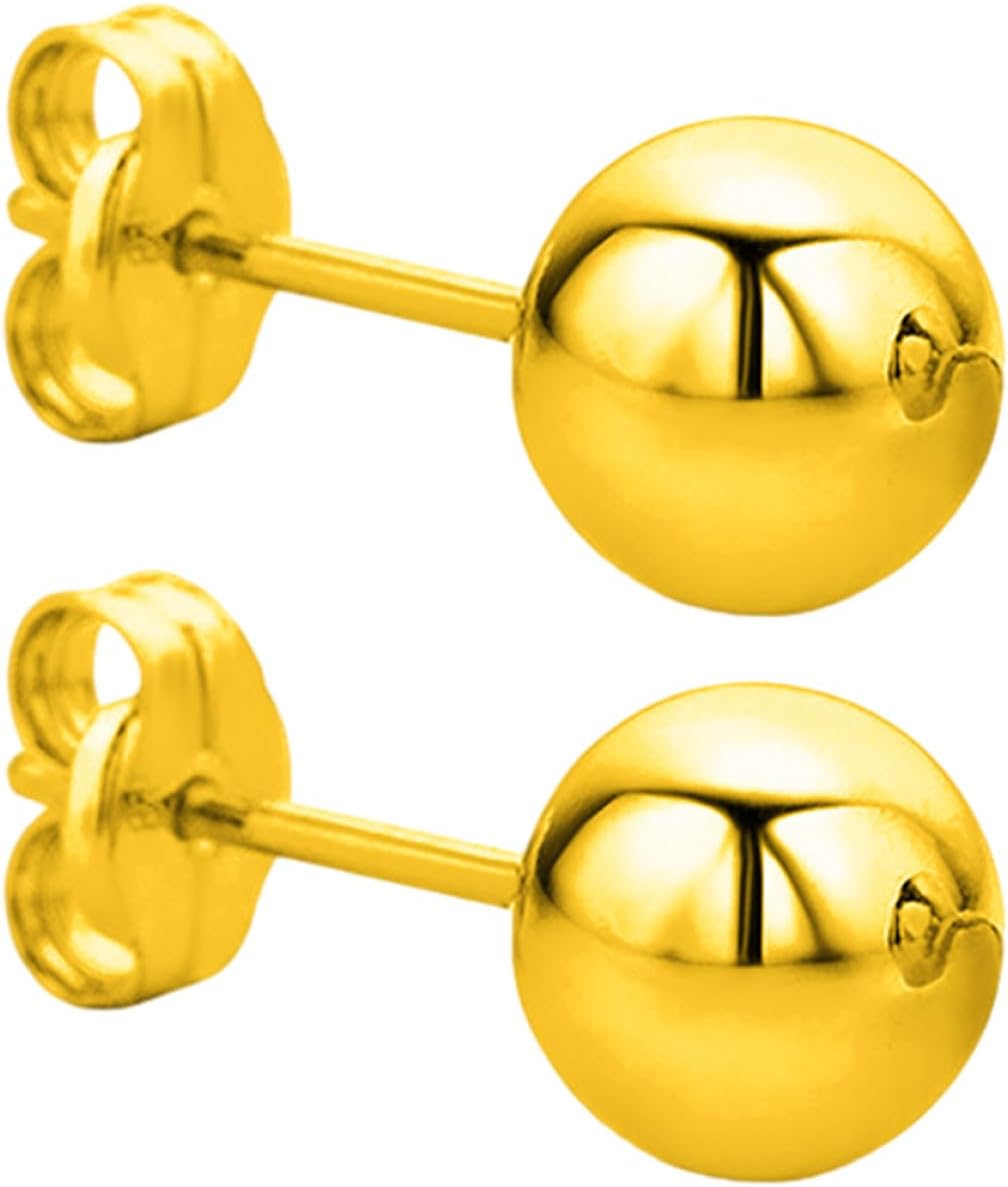 Gold Ball Earrings for Women, Small Solid Copper Post Studs with Flat Back, Dainty Lightweight Jewelry for Everyday Wear