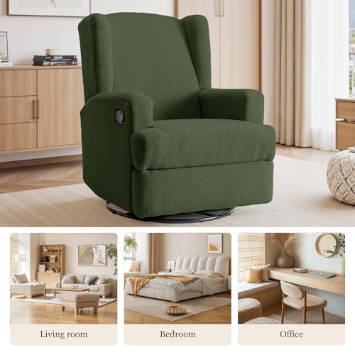 Image of Swivel Rocker Recliner Chairs Set of 2, 360 Swivel Wingback Recliner Chairs for Adults, Upholstered Boucle Fabric Glider Rocking Chair with High Back, Deep Seat for Living Romm Bedroom, Green