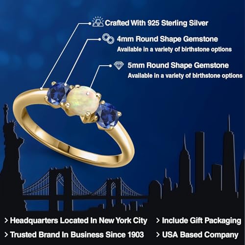 18K Yellow Gold Plated Silver White Ethiopian Opal and Blue Created Sapphire Engagement Ring For Women | 0.80 Cttw | Round Cabochon 5MM | Gemstone October Birthstone | Available in Size 5,6,7,8,92