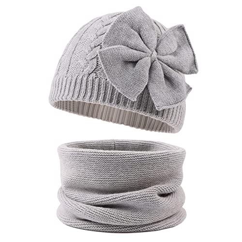 Image of JANGANNSA Winter Warm Knitted Baby Hat for Girls Cotton Lined Infant Toddler Hat Autumn Cute Bow Classic Girls Beanie 0-6Y (Gray(Hat+Scarf), S)