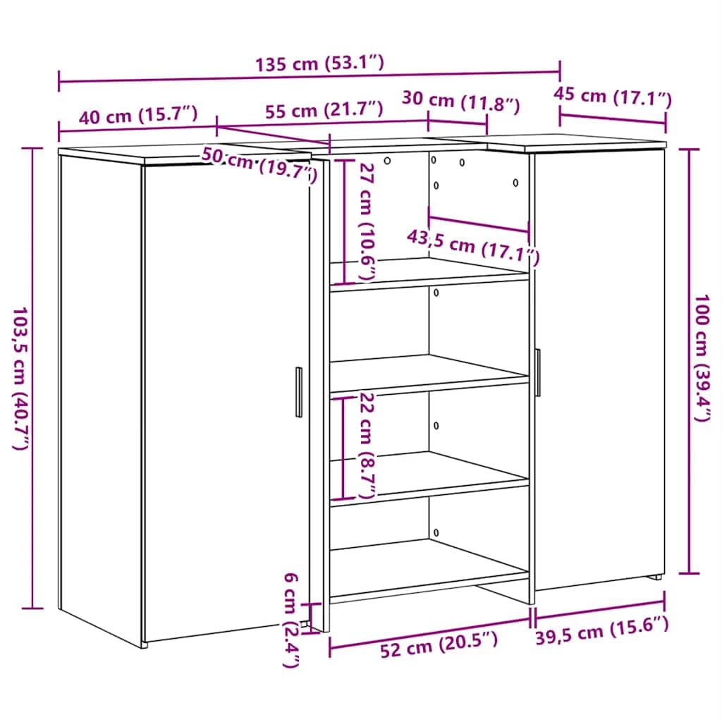 Bancone da ricevimento, in legno di rovere affumicato, 135 x 50 x 103,5 cm, con vano portaoggetti e vano portaoggetti, scrivania per ufficio, PC, laptop, segretario, gaming, postazione di