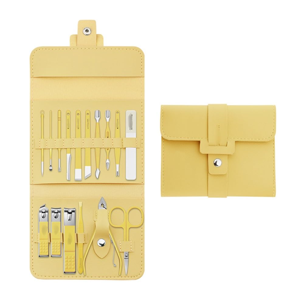 Cortaúñas de 16 Piezas para el hogar, Kit de manicura de Acero Inoxidable, portátil para Viaje, imprescindible para manicura (Amarillo)