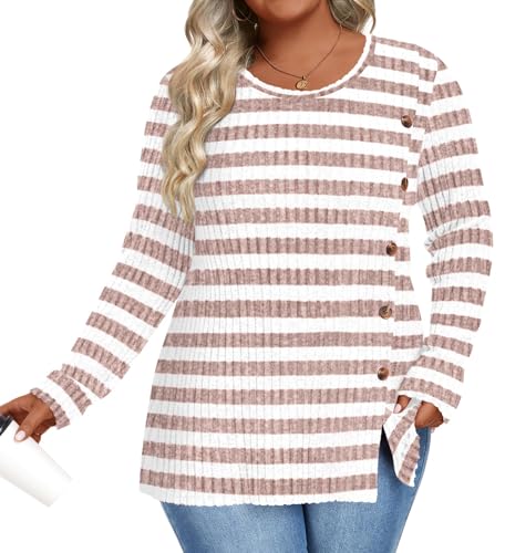 Image of HOTGIFT Womens Sweaters Tops Plus Size Tunics Top Long Sleeves Winter Blouse Casual Shirts Outfits White-Orange Stripes 3X-Large