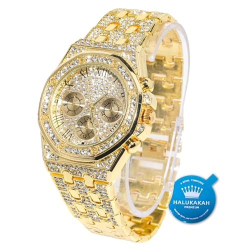 HALUKAKAH Diamante Reloj Oro, Hombres Chapado Oro Real 18K 40MM Ancho Números Romanos Esfera Cuarzo Pulsera 22cm, con Caja de Regalo