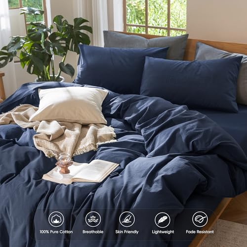 Image of MooMee Duvet Cover Set 100% Washed Cotton Linen Like Queen | Relaxed Linen-like Texture. Soft, Breathable & Long-lasting Comfort. Lightweight. Hidden Zipper with 8 Interior Corner Ties
