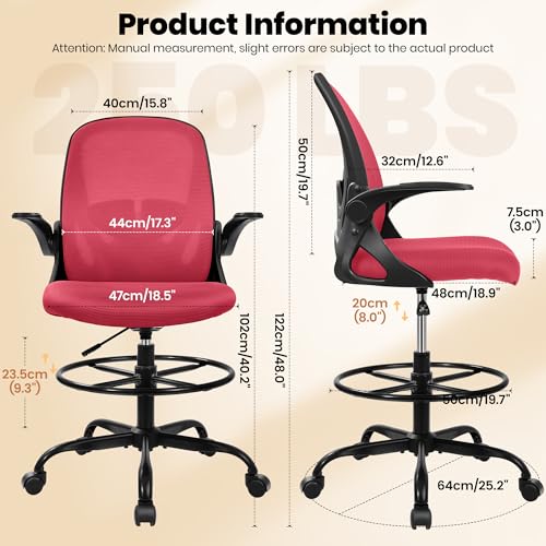 Image of Primy Drafting Chair Tall Office Chair with Flip-up Armrests Executive Ergonomic Computer Standing Desk Chair with Lumbar Support and Adjustable Footrest Ring (Fire Brick)