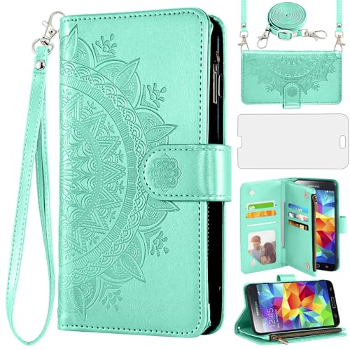 Asuwish Phone Case for Samsung Galaxy S5 Wallet Cell Cover with Screen Protector Lanyard Wrist Strap Mandala Flower Flip Zipper Card Holder Slot Stand S 5 Neo 5S GS5 G900A G900T Women Girls Green