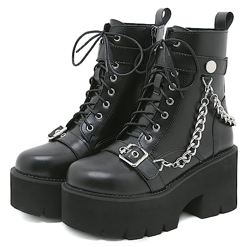 Image of Parisuit Womens Goth Patent Ankle Boots Platform Chunky Combat Boots